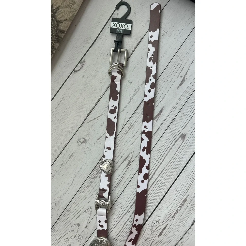 XOXO Womens Cow Print Belt Brown White Heart Charms Western Silver Hardware M/L